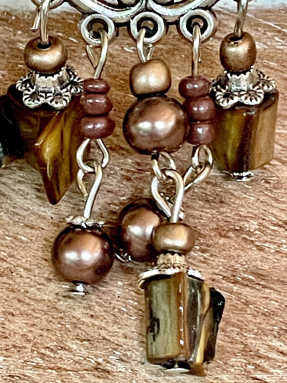 Handcrafted Artisan Boho Brown and Gold Chandelier Earrings in Silver Setting - Picture 2 of 4